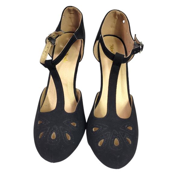 Modcloth T Strap Heels Black Pump Refreshed Zest Retro Ankle Strap Cutout Size 9 - Picture 2 of 16